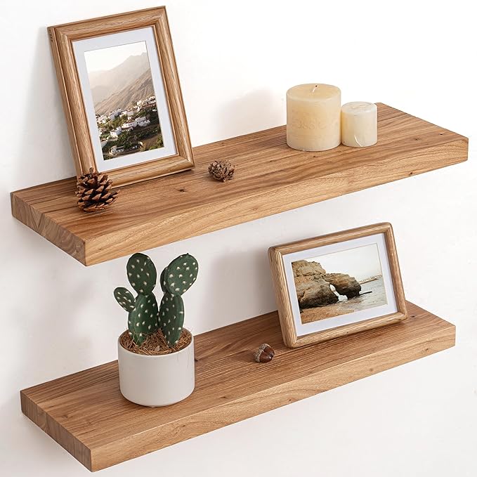 Floating Shelves for Wall Decor, 8" Deep Rustic Solid Elm Wood Floating Shelves Wall Mounted, Wall Shelves with Invisible Bra