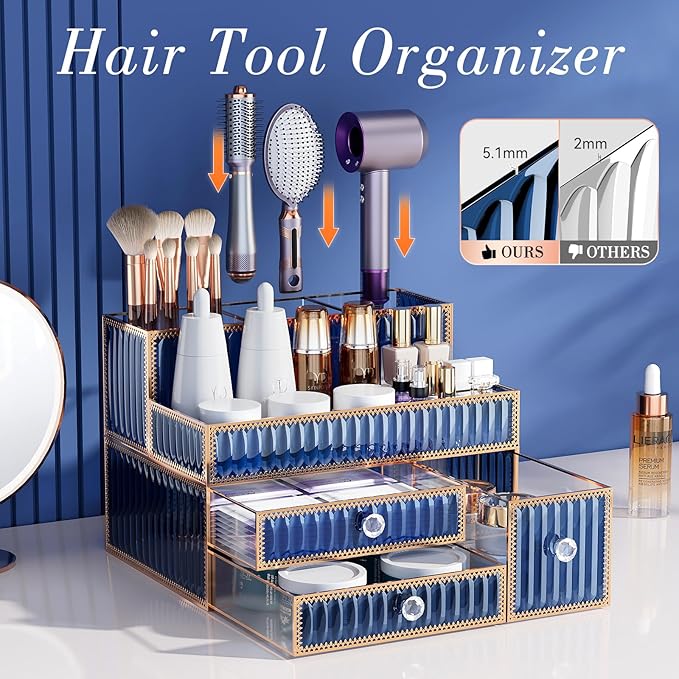 Makeup Organizer Blue - Tempered Glass Vanity Organizer for Cosmetics, Skincare, Hair Tools, Brushes, Perfume - Multipurpose 