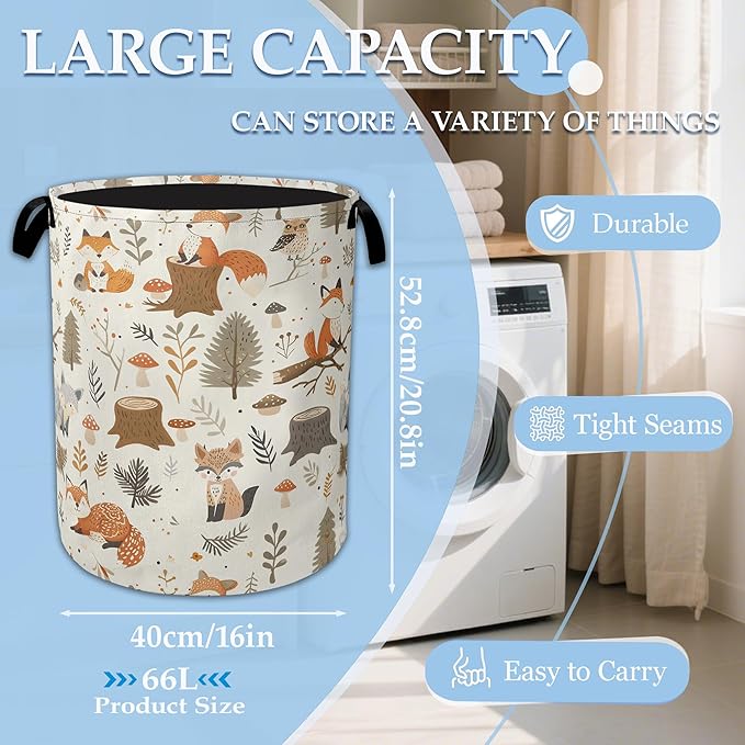 Woodland Fox Laundry Basket Collapsible Laundry Hamper, Oxford Cloth Storage Bin for Room/Bathroom/Bedroom/Dormitories 16" X 