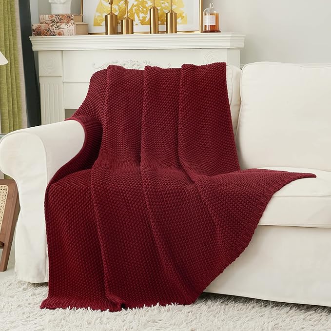 Longhui bedding Chunky Cable Knit Throw Blanket Lightweight Burgundy 100% Organic Cotton Blanket for Sofa Couch Bed Baby Nurs
