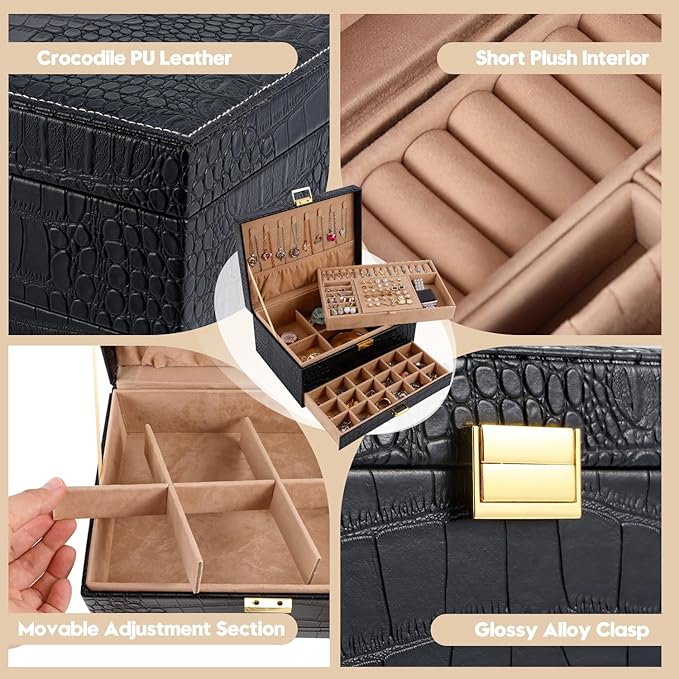 Gifturbo Jewelry Box for Women,Jewelry Boxes for Girls, 3 Layers Large Travel Jewelry Storage Organizer Box for Earring,Ring,