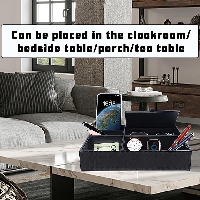 Zcaukya Men's Valet Tray, Jewelry Box Nightstand Organizer with 5 Compartments for Phone Keys Wallet Watch Glasses, Faux Leat