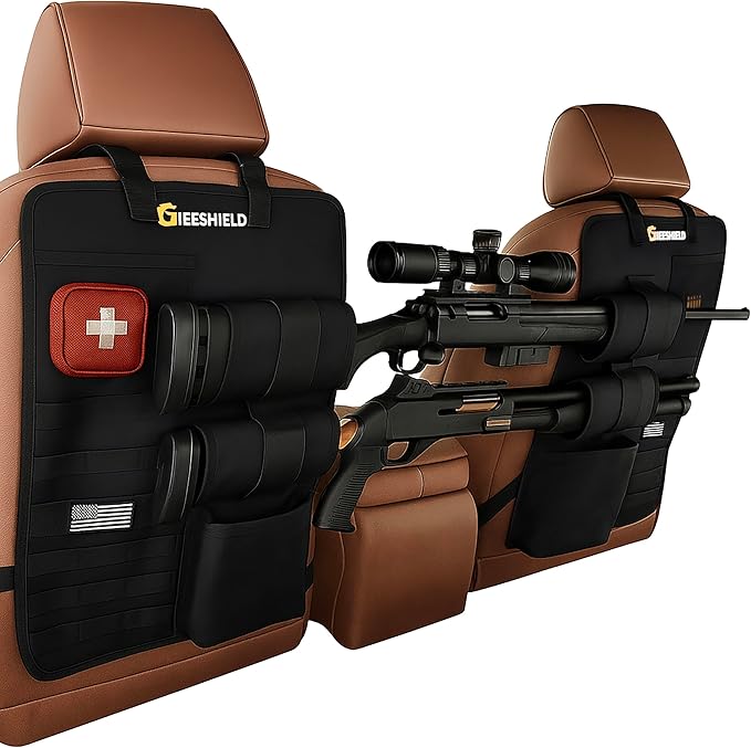 Truck Gun Rack（Set of 2）, Seat Back Gun Rack with Adjustable Straps, 600D Oxford Cloth, Universal Rifle Holder, PVC Coated, Secure Storage Pockets for Hunting Gear, Easy to Install Vehicle Gun Rack