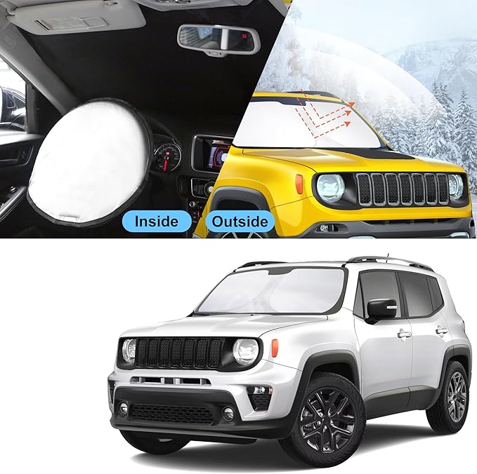 TINGLU Sun Shade for Jeep Renegade 2015-2024 Accessories Windshield Sun Shade Window Shade UV Rays Protection Sun Visor Cover with Steering Wheel Sunshade Storage Bag