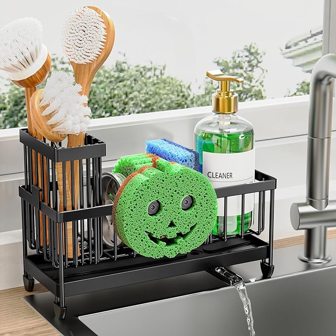 Cisily Sponge Holder for Kitchen Sink, Sink Caddy Organizer with High Brush Holder, Kitchen Countertop Organizers and Storage