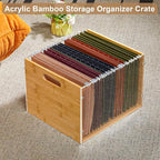Sbanmao Clear Acrylic File Box Organizer, Bamboo Hanging Folder Storage Boxes, Filing Crate Bin Holder with Handle for Home O