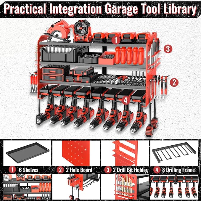 Power Tool Organizer Wall Mount, Metal Power Tool Storage Rack with Screwdriver Holder, Garage Tool Storage Shelves with Scre