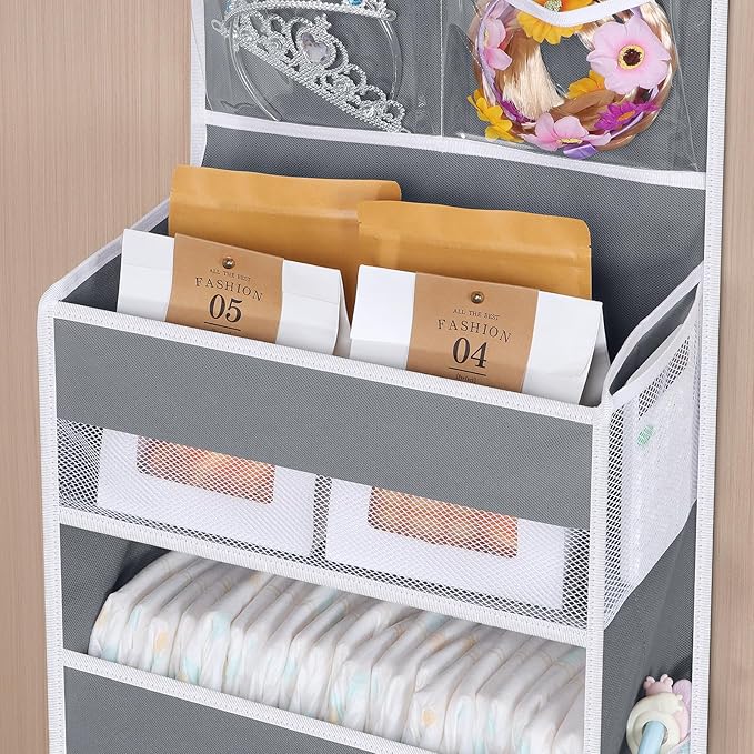 Univivi Over The Door Organizer, 5 Shelf Door Hanging Organizer Nursery Door Storage with 4 Large Compartments and 2 Small PV