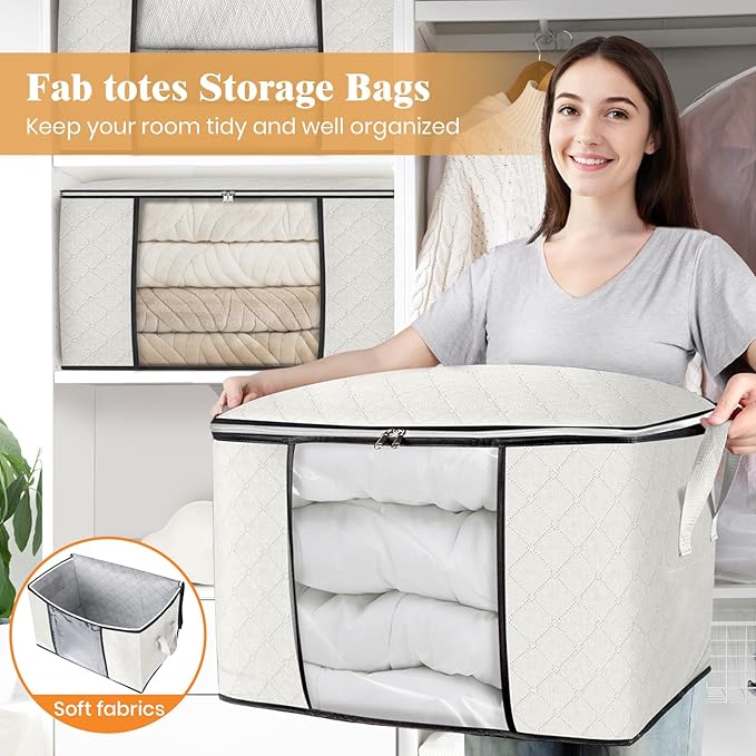 Fab totes 24 Gallons Clothes Storage, Foldable Thick Fabric Blanket Storage Bags, Containers for Organizing Bedroom, Closet, 