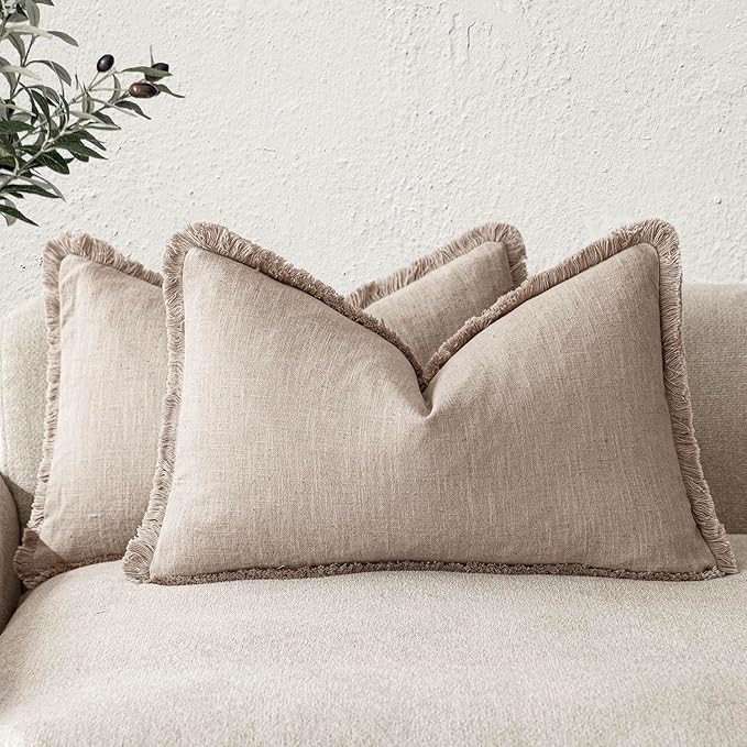 Foindtower Set of 2 Decorative Linen Fringe Lumbar Throw Pillow Covers Farmhouse Cushion Cover with Tassels Accent Pillowcase