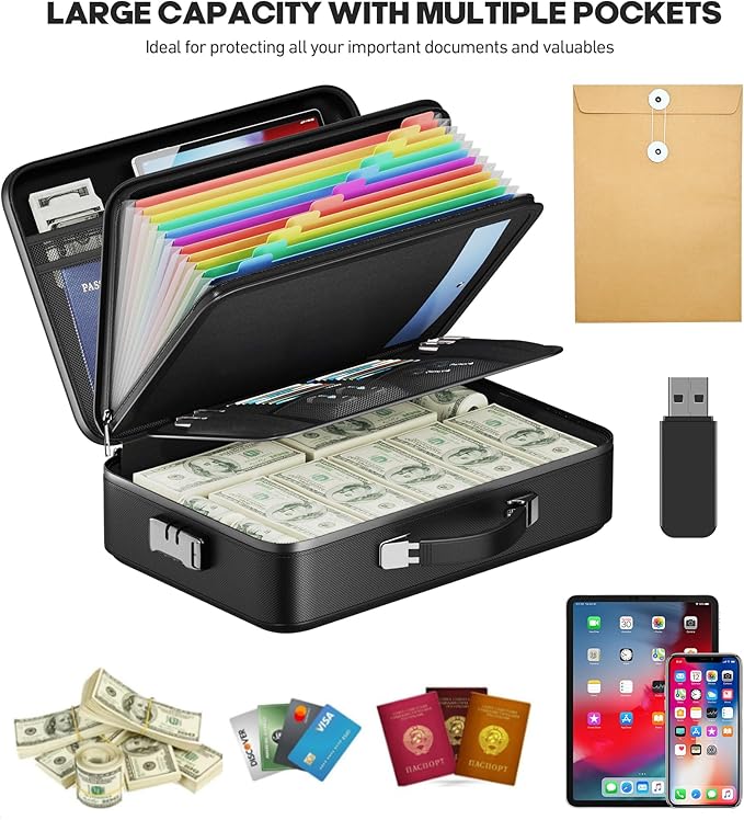 Fireproof Document Box, Hard Case Highly Flame-Resistant Fire Proof Waterproof File Organizer with Lock, Portable Fire Safe f