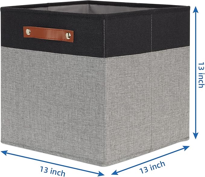 Temary 13 x 13 Storage Cubes Foldable Storage Cubes 4 Pack Canvas Storage Bin for Home, Square Storage Baskets with Leather H