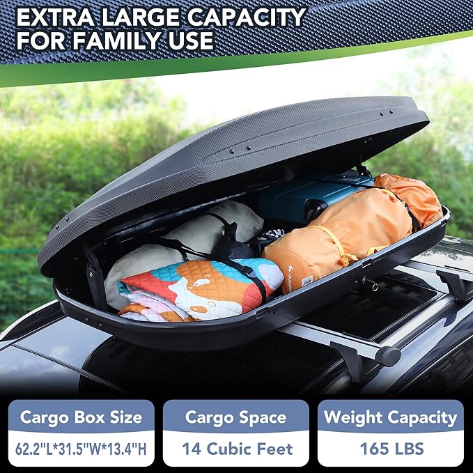 Rooftop Cargo Box Carrier 390L, Hard Shell Roof Box for Roof Rack, 14 Cu Ft Luggage Storage with Secure Straps&Keys, Weather-Resistant Roof Rack Cargo Box
