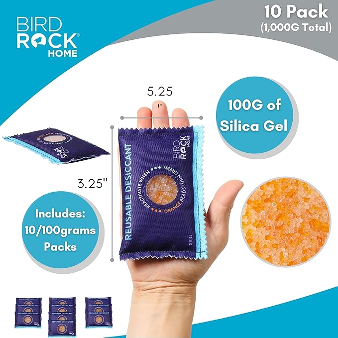 BIRDROCK HOME Reusable Desiccant Pack 100g (10-Pack) - Silica Gel Moisture Absorber & Humidity Control Packs for