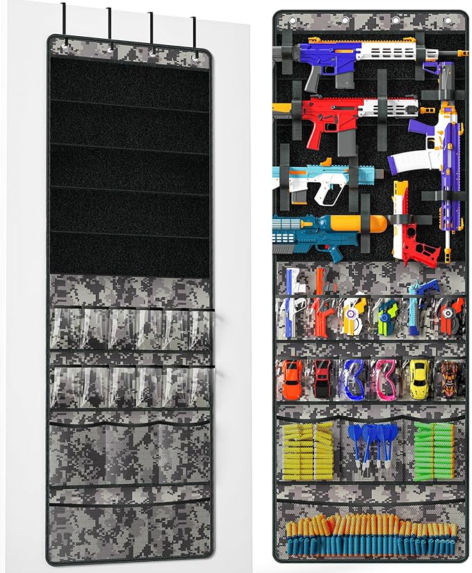 Over The Door Organizer for Toy Guns, Toys Organizer with Pockets, Hook&Loop Straps for Foam Blasters, Darts, Goggles, Hangin
