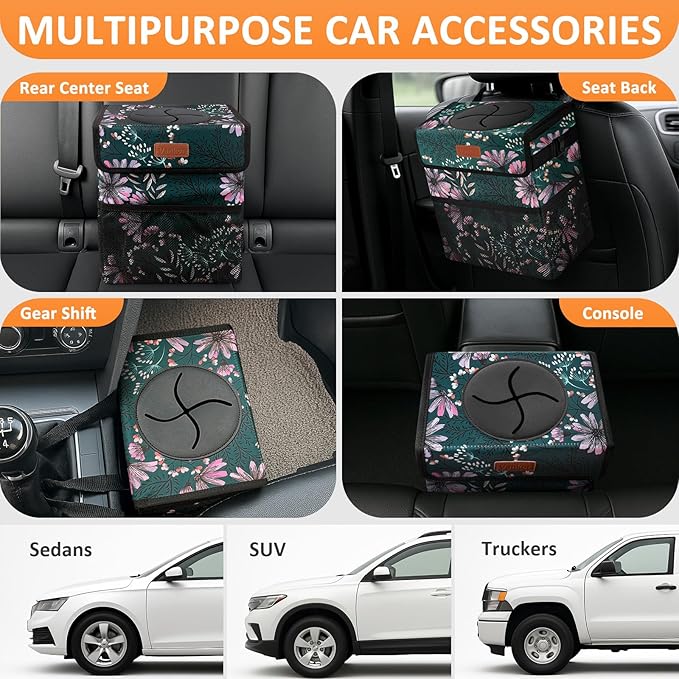3 Gallons Car Trash Can with Lid, Car Trash Bag Bin Hanging Waterproof Automotive Garbage Cans Leak Proof Vehicle Trash Can Navy Floral