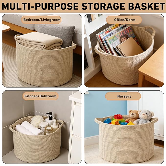 115L Extra Large Woven Cotton Rope Blanket Basket with Handles, Laundry Hamper Storage Bin for Pillows, Comforters,Clothes, T