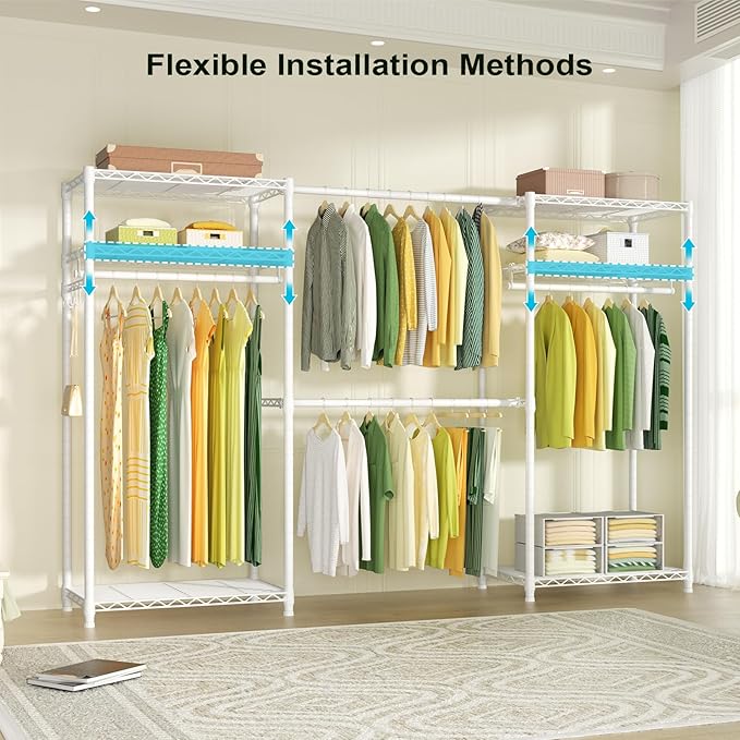 Ulif E1 Heavy Duty Closet Garment Rack, 6 Tiers Adjustable Metal Freestanding Expandable Clothing Storage with 4 Hanger Rods,