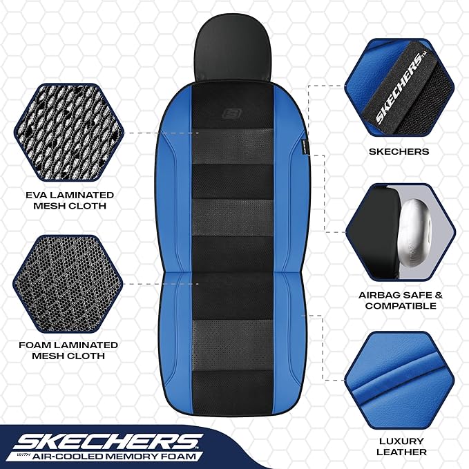 Skechers Men’s Seat Covers, Air-Cooled Memory Foam Car Seat Covers Front Seats, Airbag Compatible,Universal Fit for Most Cars