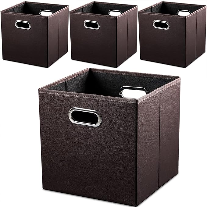 PRANDOM Leather Foldable Cube Storage Bins 11x11 inch [4-Pack] Fabric Storage Baskets Cubes Drawer with Cotton Handles Organi