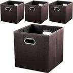 PRANDOM Leather Foldable Cube Storage Bins 11x11 inch [4-Pack] Fabric Storage Baskets Cubes Drawer with Cotton Handles Organi