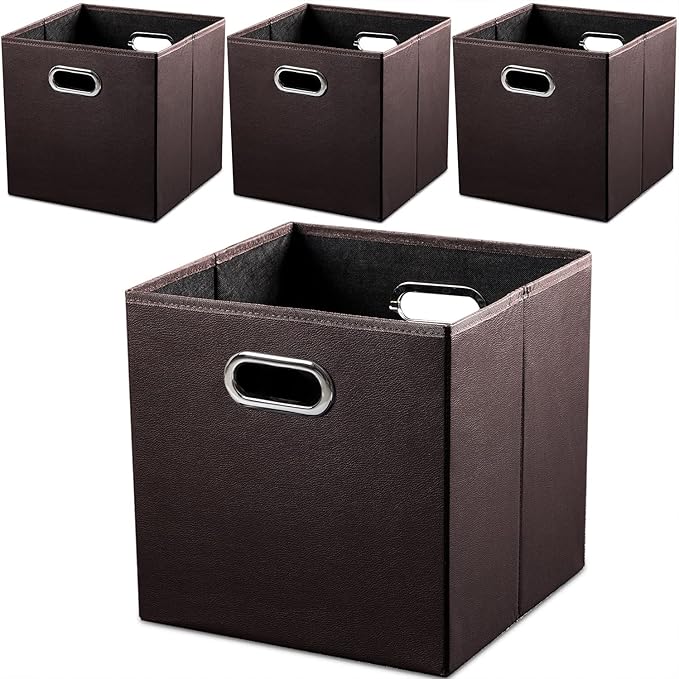 PRANDOM Leather Foldable Cube Storage Bins 13x13 inch [4-Pack] Fabric Storage Baskets Cubes Drawer with Cotton Handles Organi