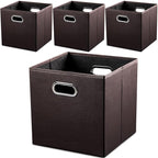 PRANDOM Leather Foldable Cube Storage Bins 13x13 inch [4-Pack] Fabric Storage Baskets Cubes Drawer with Cotton Handles Organi