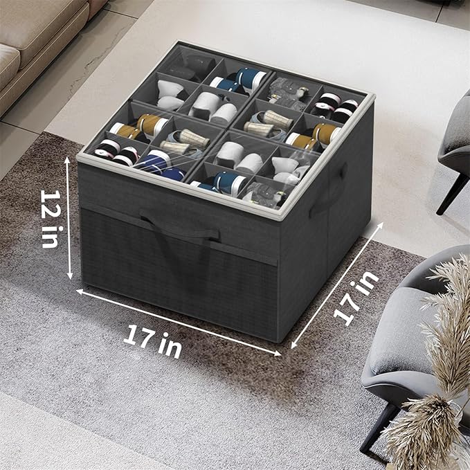 Aokeyee Shoe Organizer for Closet,2 Pack Foldable Shoe Storage Organizer Box Bin with Adjustable Dividers and Clear Cover, Fi
