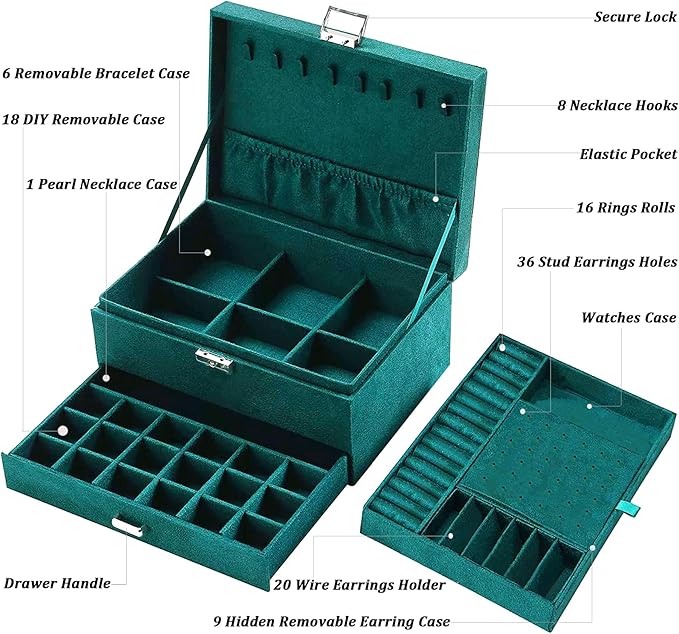 QBestry Jewelry Box for Women with Drawer, 3-Layer Large Jewelry Organizer with Lock & Key, 8 Necklace Hooks & 56 Earring Hol