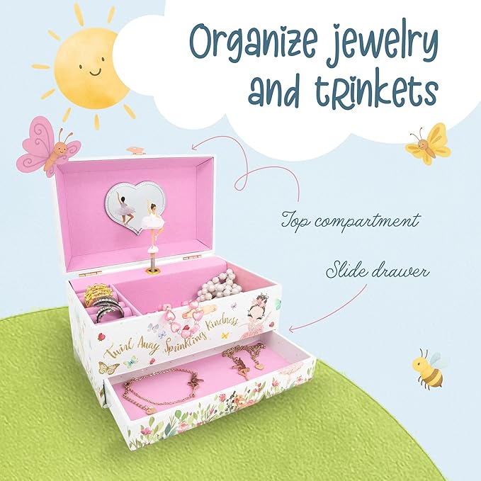 The Memory Building Co Ballerina Musical Jewelry Box Plays Classic Melody, Storage Organizer Music Box for Kids Ages 6-12, MD