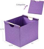 HOONEX Large Foldable Storage Bins, Linen Fabric, Pack of 2, Storage Baskets with Wooden Carry Handles and Sturdy Heavy Cardb