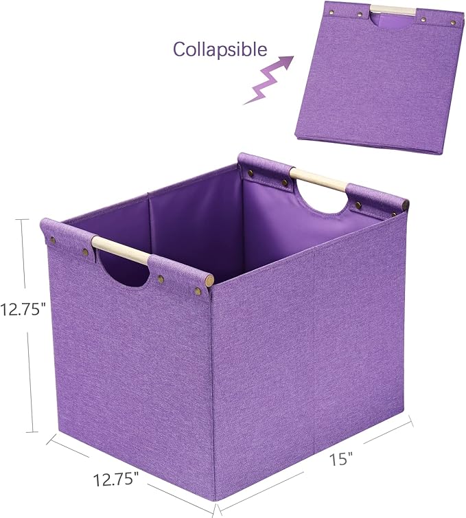 HOONEX Large Foldable Storage Bins, Linen Fabric, Pack of 2, Storage Baskets with Wooden Carry Handles and Sturdy Heavy Cardb