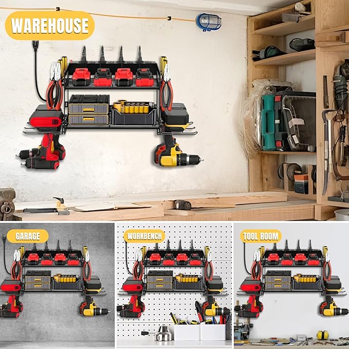 Power Tool Organizer Wall Mount, 2 Layers Heavy Duty 4 Cordless Drill Holder Tool Storage Rack with 8 Power Strip Battery Cha