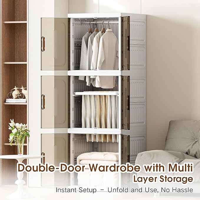 SunSettler Collapsible Plastic Wardrobe with Wheels, Large Foldable Clothes Storage Cabinet, Wardrobe Closet Organizers and S