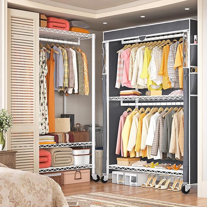 Raybee Clothes Rack with Cover, 45" W Heavy Duty Clothing Racks for Hanging Clothes, Portable Closet with Adjustable Shelves 