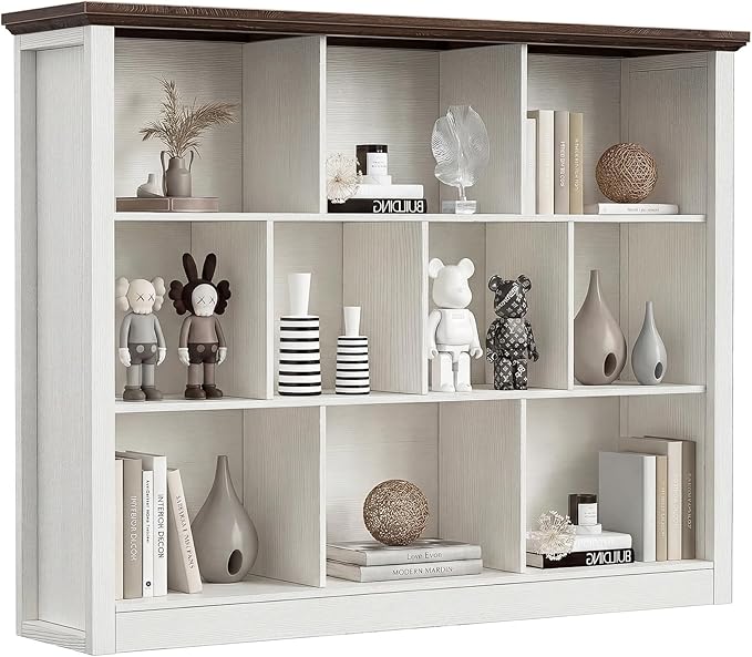 Unikito 10 Cube Storage Book Shelf - 50" Wide Wood Cube Storage Organizer, Wooden 3 Tiers Floor Standing Low Bookcase for Liv