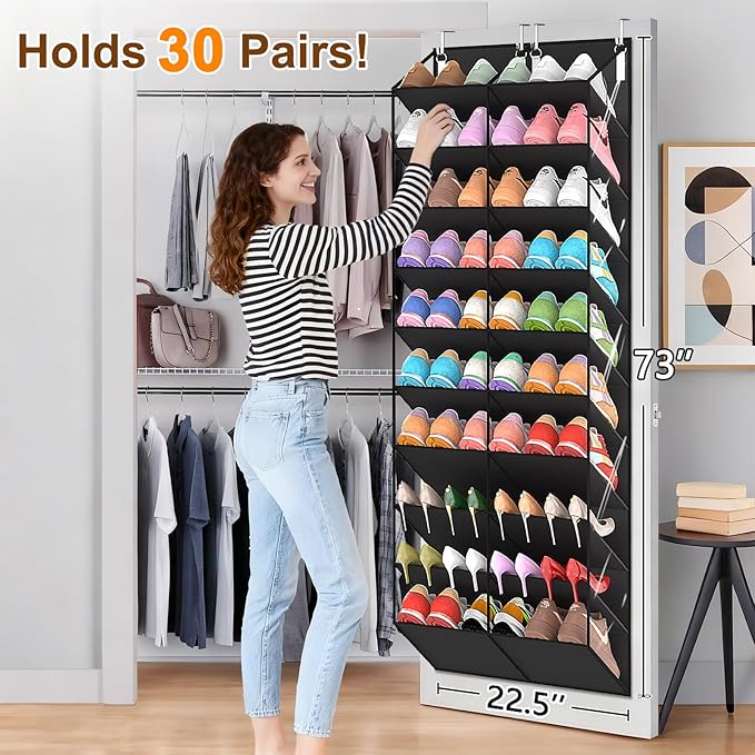 UVIAHOMI 20-30 Pairs Over the Door Shoe Organizer, Clear Pockets Hanging Shoe Storage for Closet, 10-Tier Door Shoes Rack, Ha