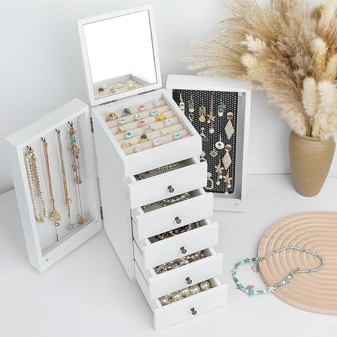 Meangood White Jewelry Box Wood for Women, 6-Layer Large Organizer Box with Mirror & 5 Drawers for Rings, Earrings, Necklaces