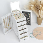 Meangood White Jewelry Box Wood for Women, 6-Layer Large Organizer Box with Mirror & 5 Drawers for Rings, Earrings, Necklaces
