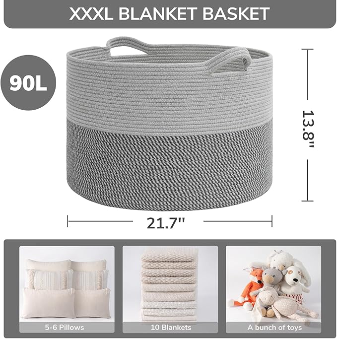 INDRESSME Extra Large Laundry Basket, Cotton Rope Blanket Basket for Nursery Living Room, Decorative Woven Storage Basket wit