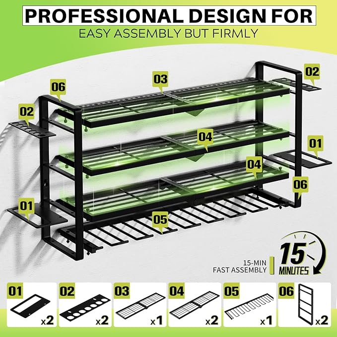 Hipidian Power Tool Organizer Wall Mount - Storage Rack with 4 Drill Holders for Drills Cordless Tools. Heavy Duty Iron Garag