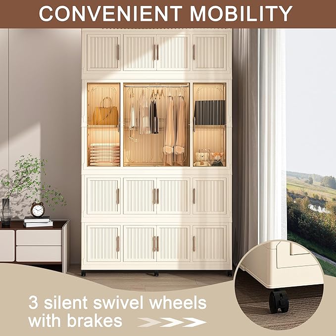 Portable Wardrobe Closet Storage Organizer for Clothes, Clothes Dresser, 12 Magnetic Doors-12 Cubes & 2 Hanging Rod,16 pcs Ha