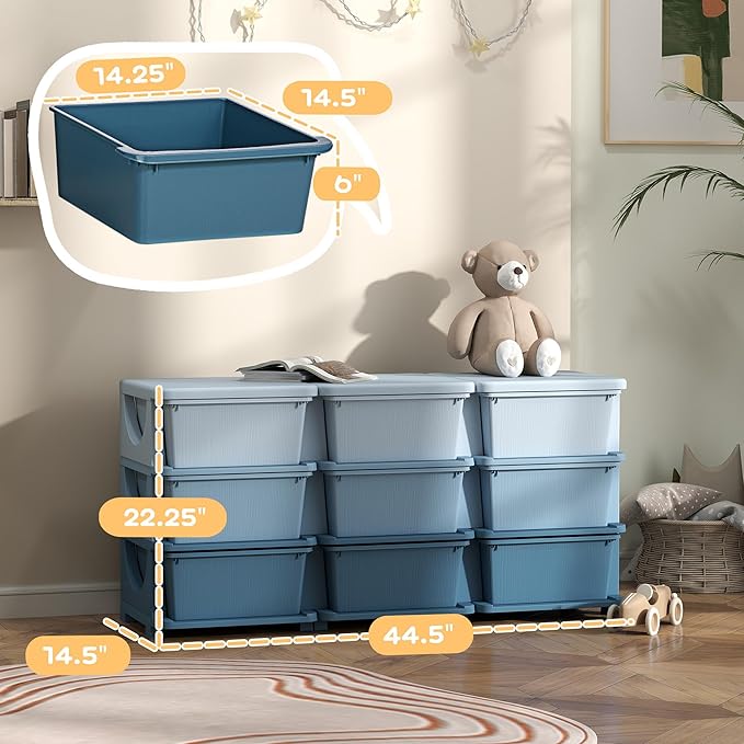 Qaba 3 Tier Kids Storage Unit, Toy Organizers and Storage with 9 Drawer Chest for Kids Bedroom Nursery Kindergarten Living Ro