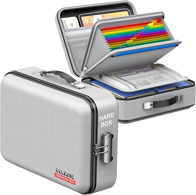 COLCASE Fireproof Document Box, Hard Case Fireproof File Organizer with Lock Hard-Shell Design Fireproof Water Resistant Safe