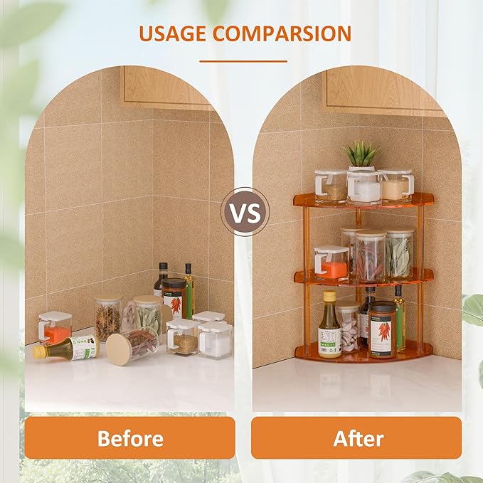 Sezanrpt 3 Tier Acrylic Corner Shelf Organizer Storage 9.5x9.5x15.7 Inch, Orange Countertop Corner Shelf for Bathroom, Kitche