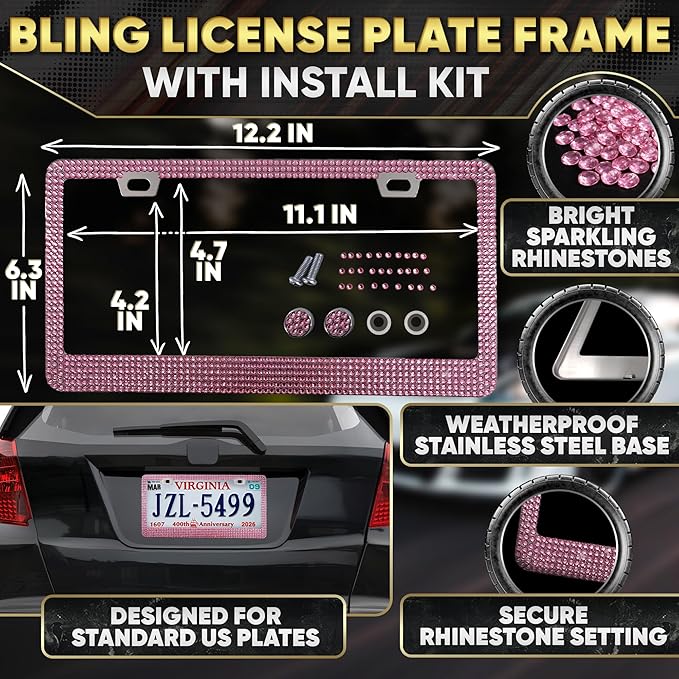 Pink Car Accessories Set, 27 Pieces – Bling Car Accessories for Interior Styling with Rhinestone Details for Daily Use, Universal Fit Kit for Steering Wheel, Vents, Mirror Area, Great Gift for Women