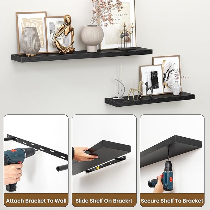 Heimlove 24 Inch Floating Shelves for Wall,Mounted Storage Wood Shelves with Invisible Brackets Hanging Shelf for Bedroom,Liv