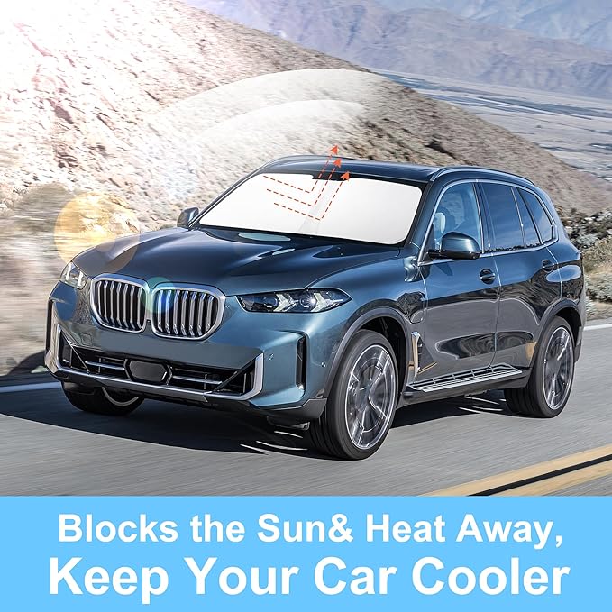 TINGLU Sun Shade for BMW X5 2019-2024 2025 2026 Accessories Windshield Sun Shade Window Shade UV Rays Protection Sun Visor Cover with Steering Wheel Sunshade Storage Bag