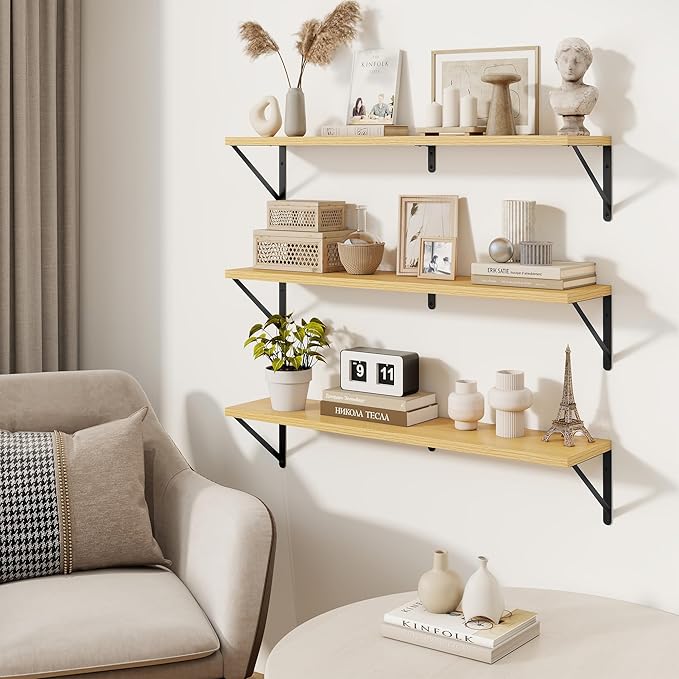 Book Shelf for Wall, Oak Shelf, Floating Shelves with Brackets, 36 inch Wall Shelves Set of 3, Particle Board Shelving for Ki