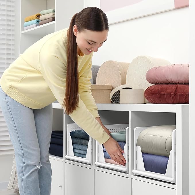 Sorbus 3 Pack Folding Closet Shelf Organizer for Clothes - Versatile Stackable Storage Baskets for Closet, Bathroom, Kitchen 